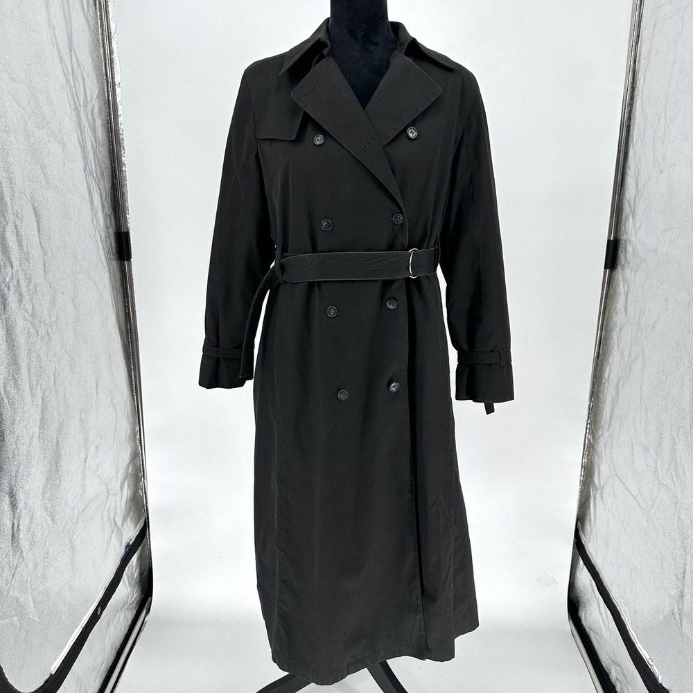 Vintage London Fog Black Belted Trench Coat Rain Winter Removable Lining 10 R